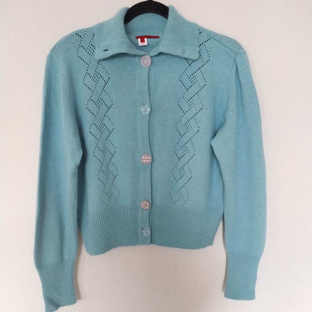 Tapemeasure Y2K Blue Pointelle Knit Angora Blend Button Up Cardigan NWOT
